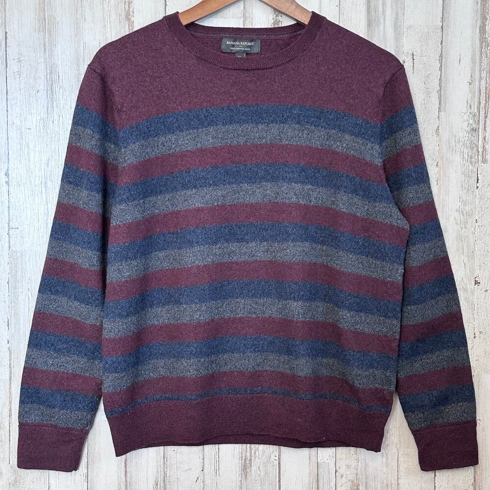 Banana Republic 100 Merino Wool Crew Sweater XL Red Blue Gray Stripe EUC Preppy
